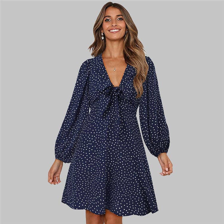 Tie Front Polka Dot Mini Dress: Black / Small