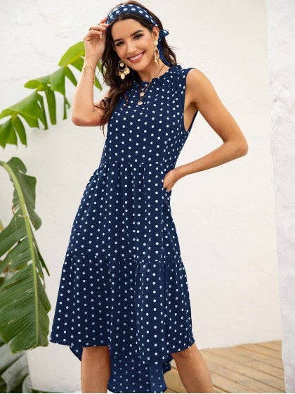 POLKA DOT RUFFLE HEM MIDI DRESS: Blue / S