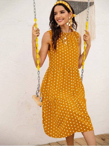 POLKA DOT RUFFLE HEM MIDI DRESS: Blue / S