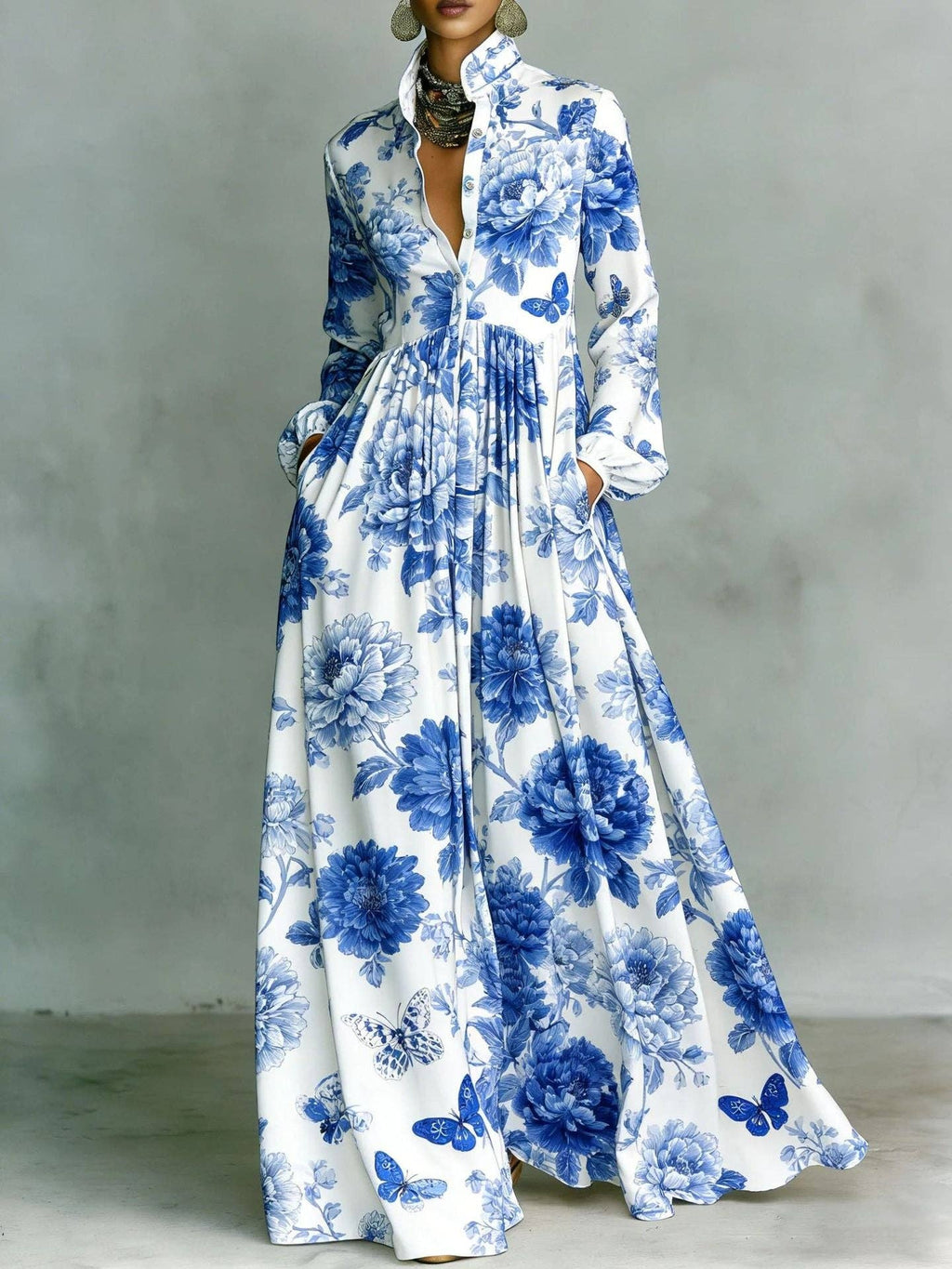Vintage Floral Maxi Dress Long Sleeve Button Down Pockets: Brown / 100%Polyester / S