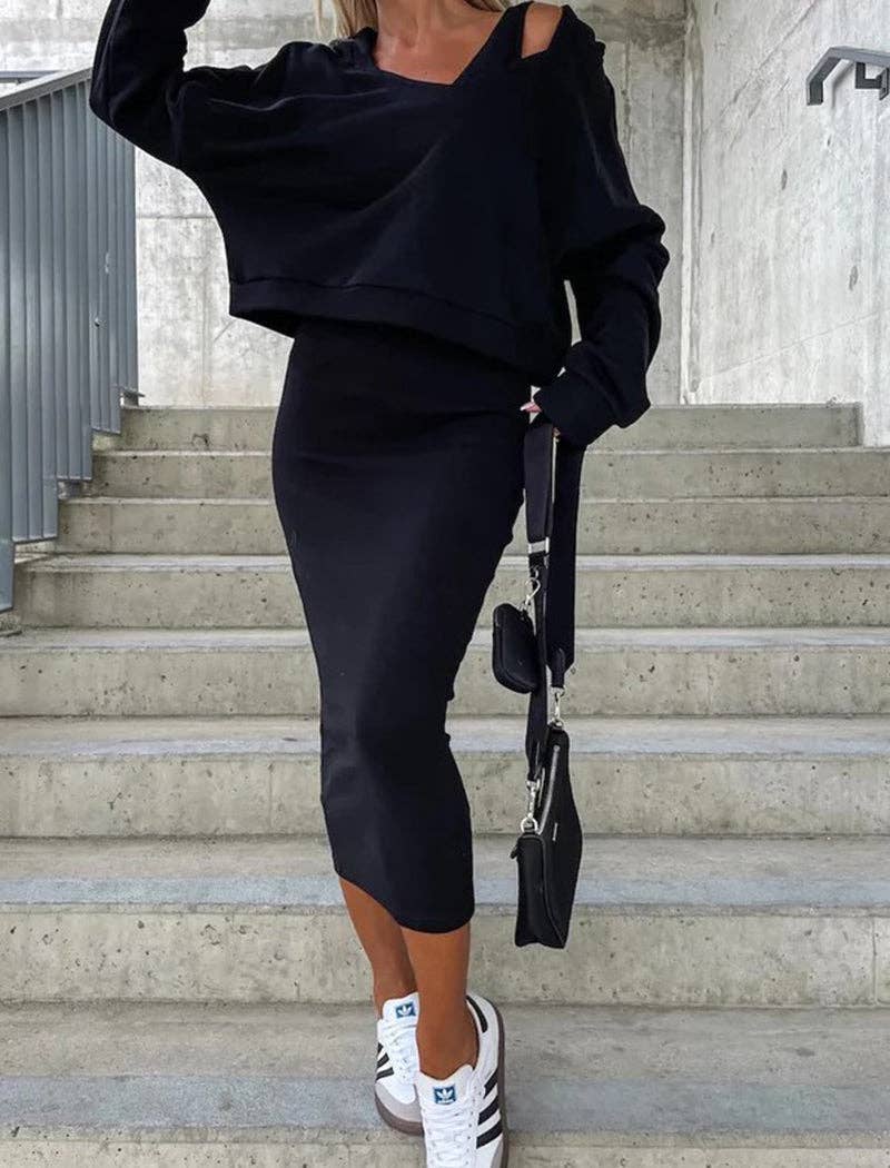 Hooded V-Neck Top and Sleeveless Midi Dress Set: GREY / S