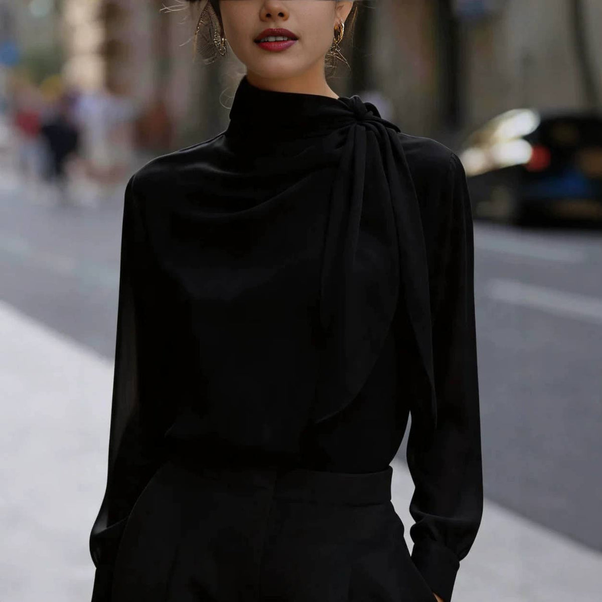 Scarf-Neck Draped Long Sleeve Blouse: White / S