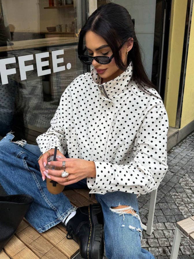Polka Dot Woven Jacket Trendy Zip Up Stand Collar: White / 100%Polyester / S
