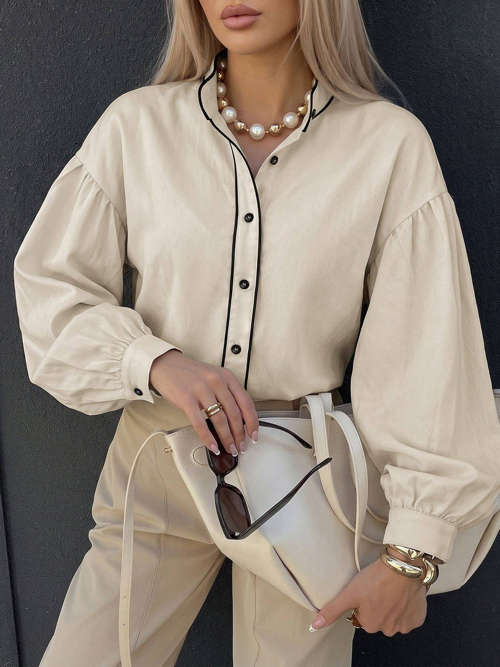 Women's Balloon Sleeve Contrast Trim Button Down Blouse: Beige / 97% Polyester+3% Elastane / S
