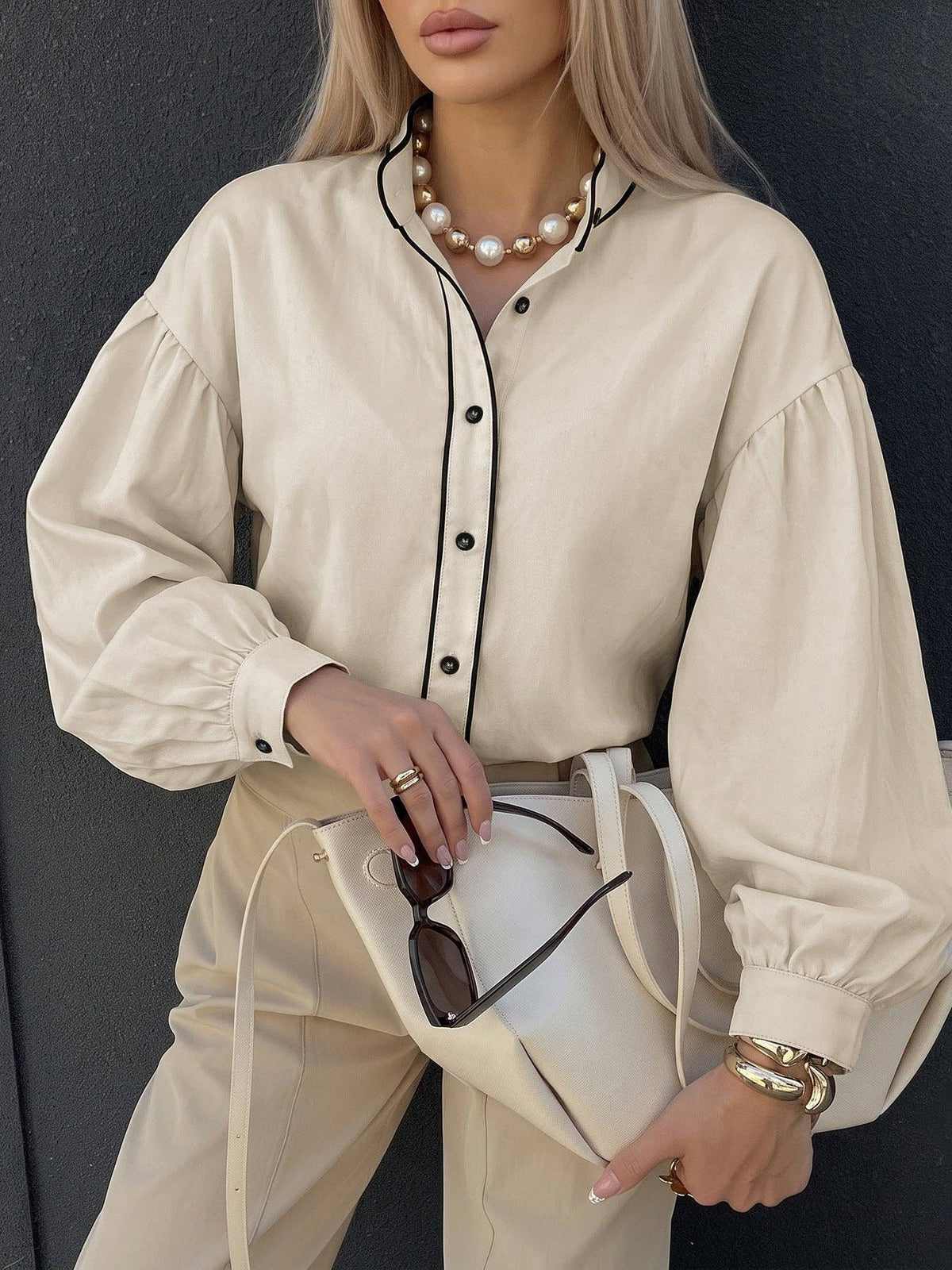 Women's Balloon Sleeve Contrast Trim Button Down Blouse: Beige / 97% Polyester+3% Elastane / S