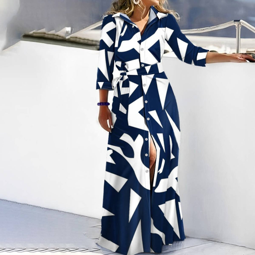 LONG SLEEVE PRINTED SHIRT-SKIRT LONG DRESS: DARKBLUE / (XXL) 1