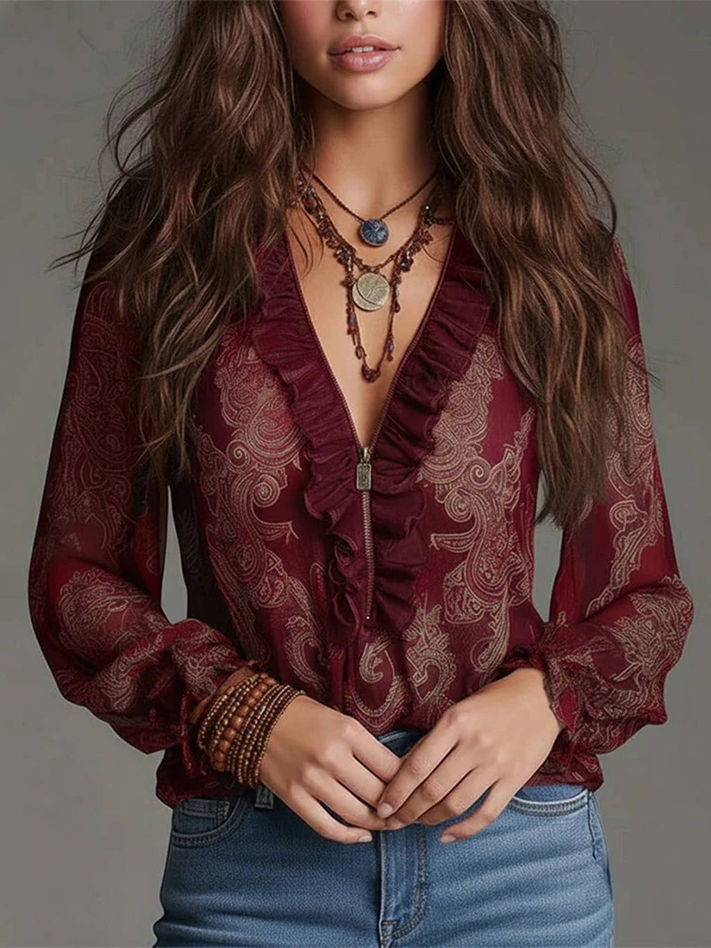 Deep V Neck Paisley Ruffled Chiffon Blouse Top: Navy Blue / S