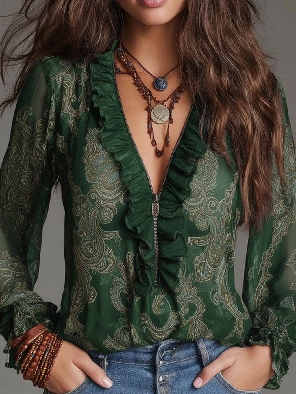 Deep V Neck Paisley Ruffled Chiffon Blouse Top: Navy Blue / XS