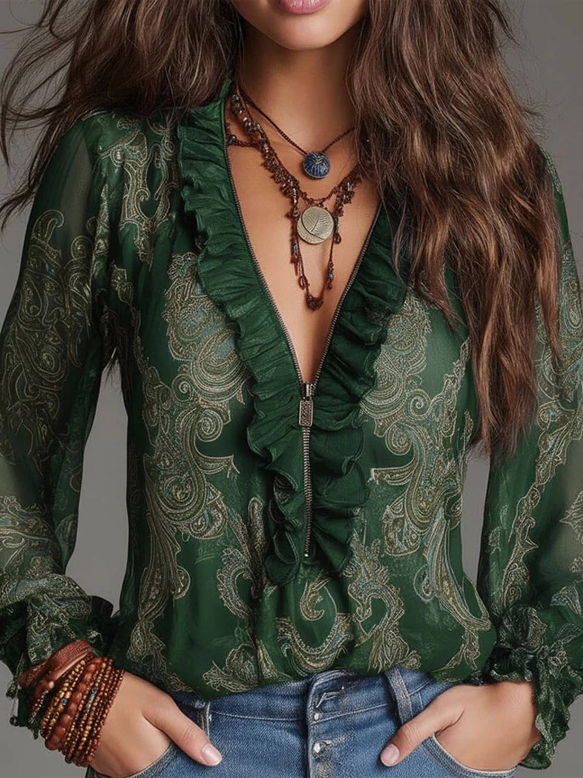 Deep V Neck Paisley Ruffled Chiffon Blouse Top: Red / L
