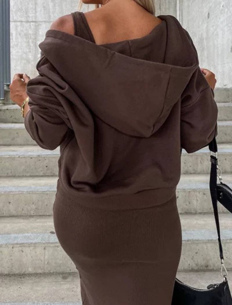 Hooded V-Neck Top and Sleeveless Midi Dress Set: GREY / M
