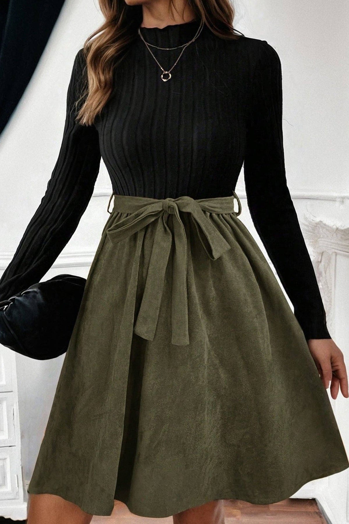 Black Ribbed Knit Slim Bodice Contrast Flared Skirt Patchwork Belted Dress: Black / 95%Polyester+5%Elastane / XL