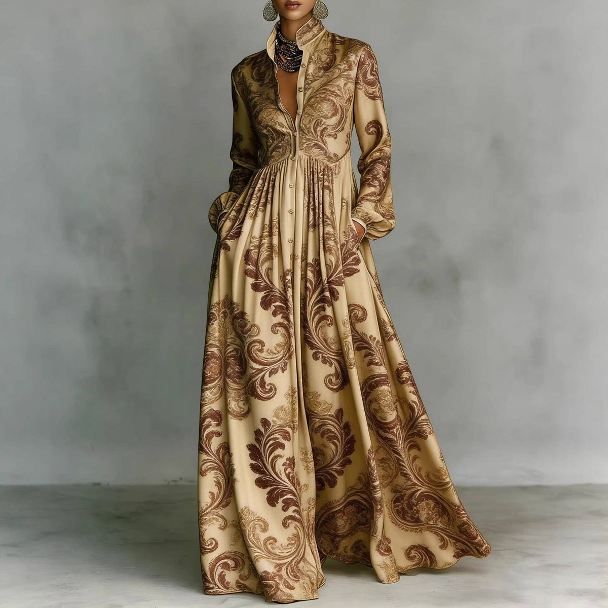 Vintage Floral Maxi Dress Long Sleeve Button Down Pockets: Brown / 100%Polyester / XL