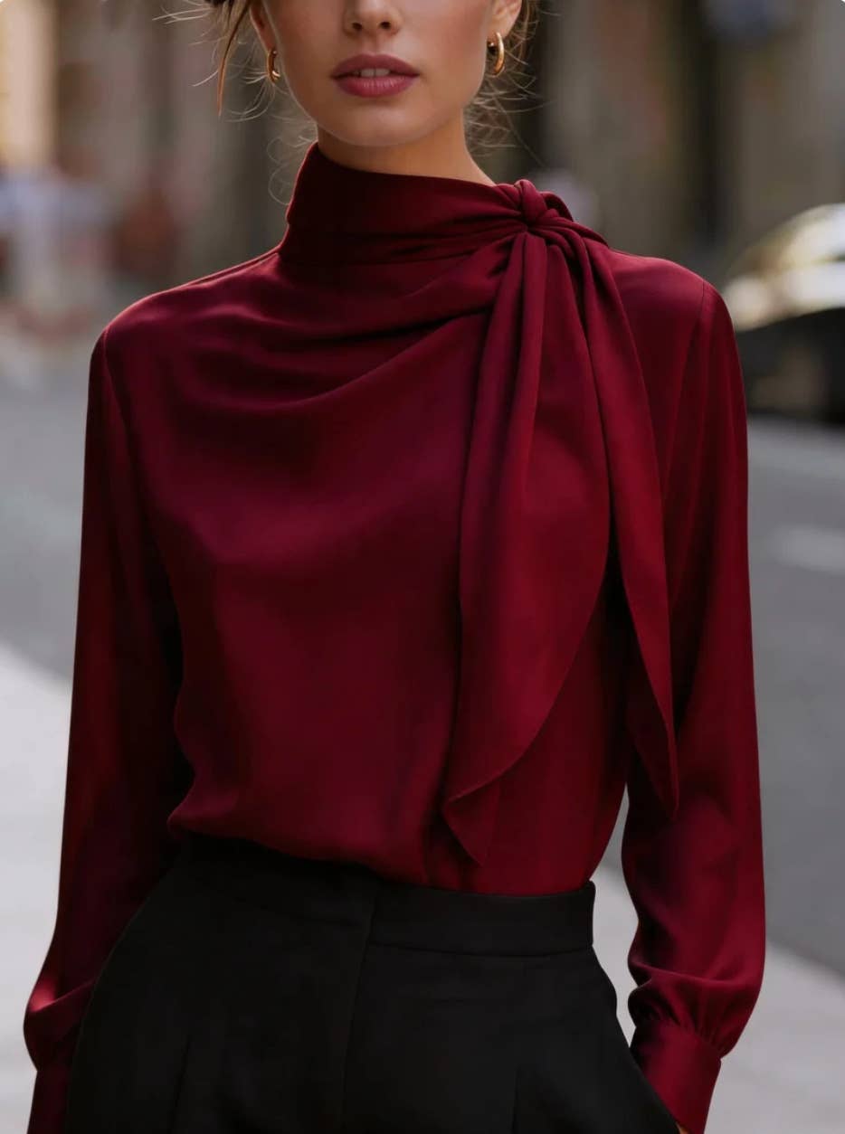 Scarf-Neck Draped Long Sleeve Blouse: White / S