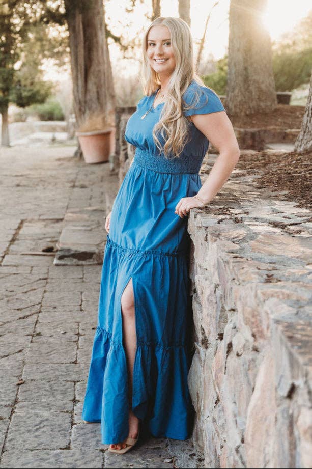 Annabelle Polka Dot  Split Maxi Dress: Light Blue / Medium
