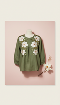 Mossy Green Linen Blouse with Magnolia Embroidery