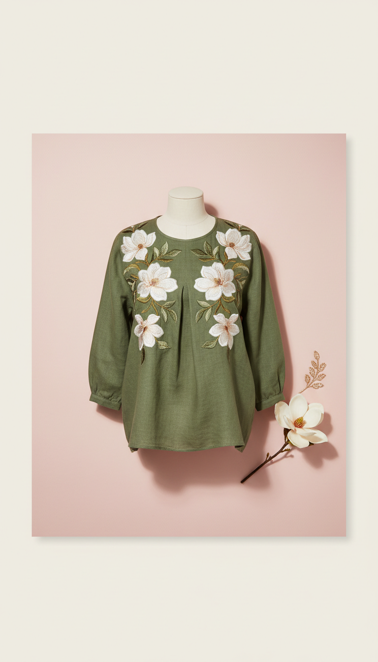 Mossy Green Linen Blouse with Magnolia Embroidery