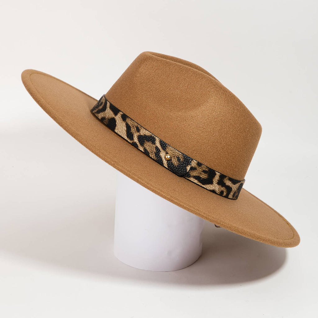 Leopard Strap Flat Brim Fedora Hat: BE