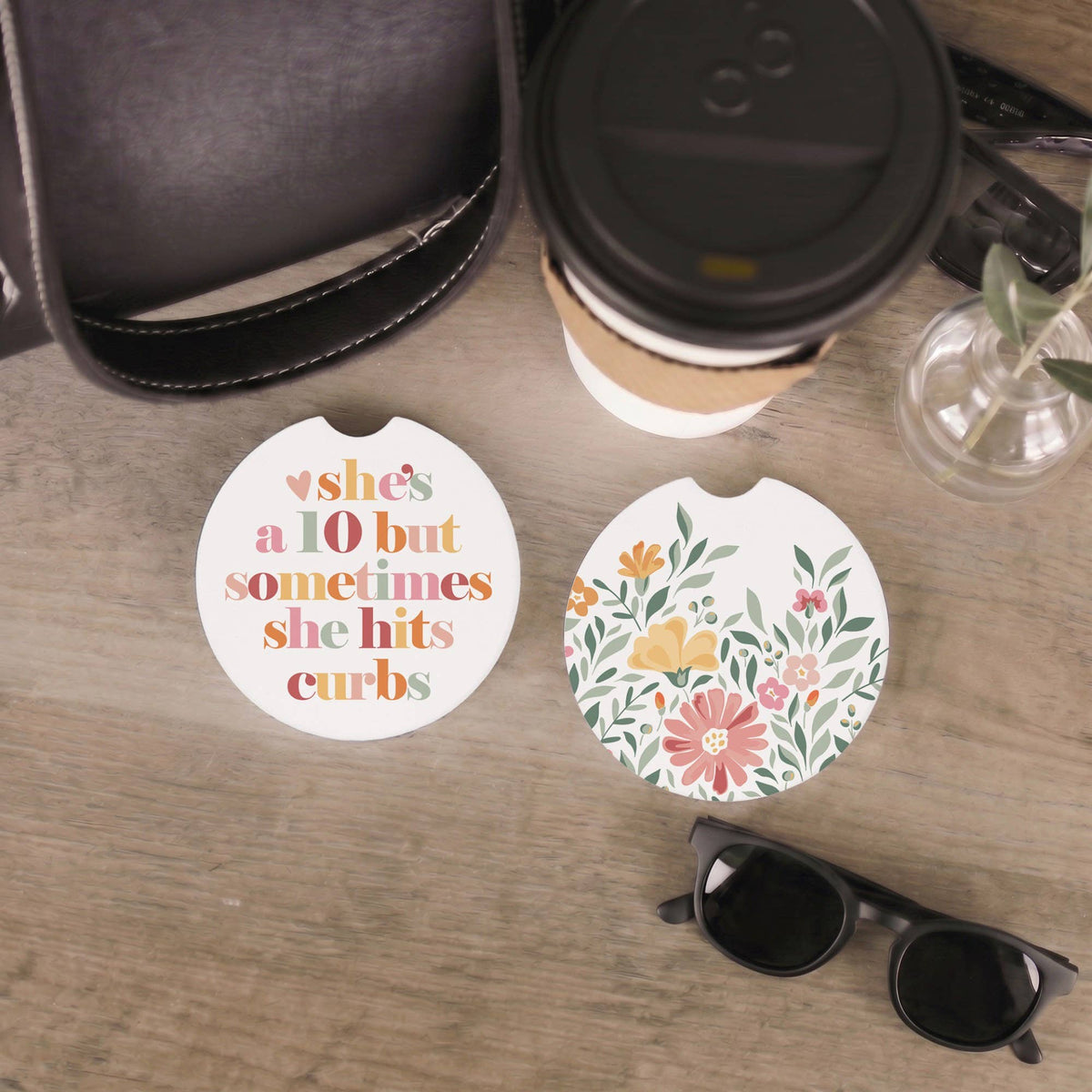 She Hits Curbs Flowers Funny Car Coaster Set