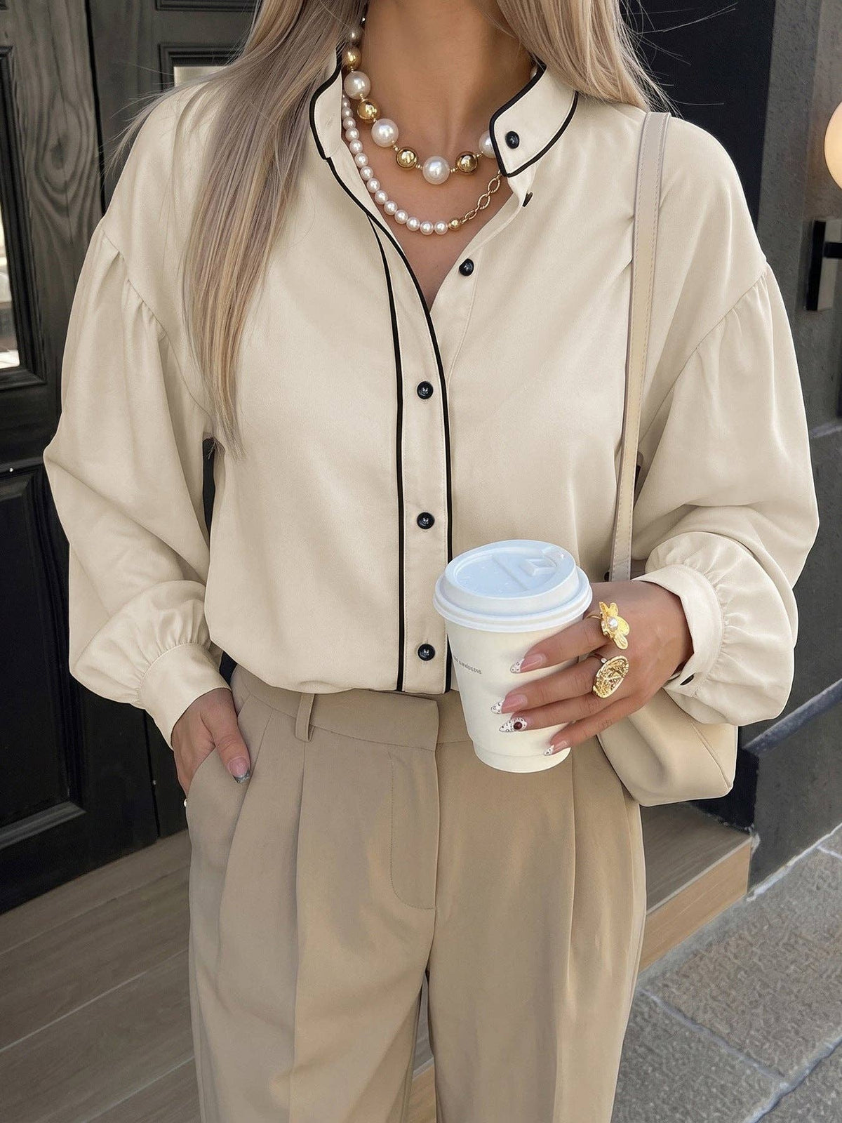Women's Balloon Sleeve Contrast Trim Button Down Blouse: Beige / 97% Polyester+3% Elastane / S