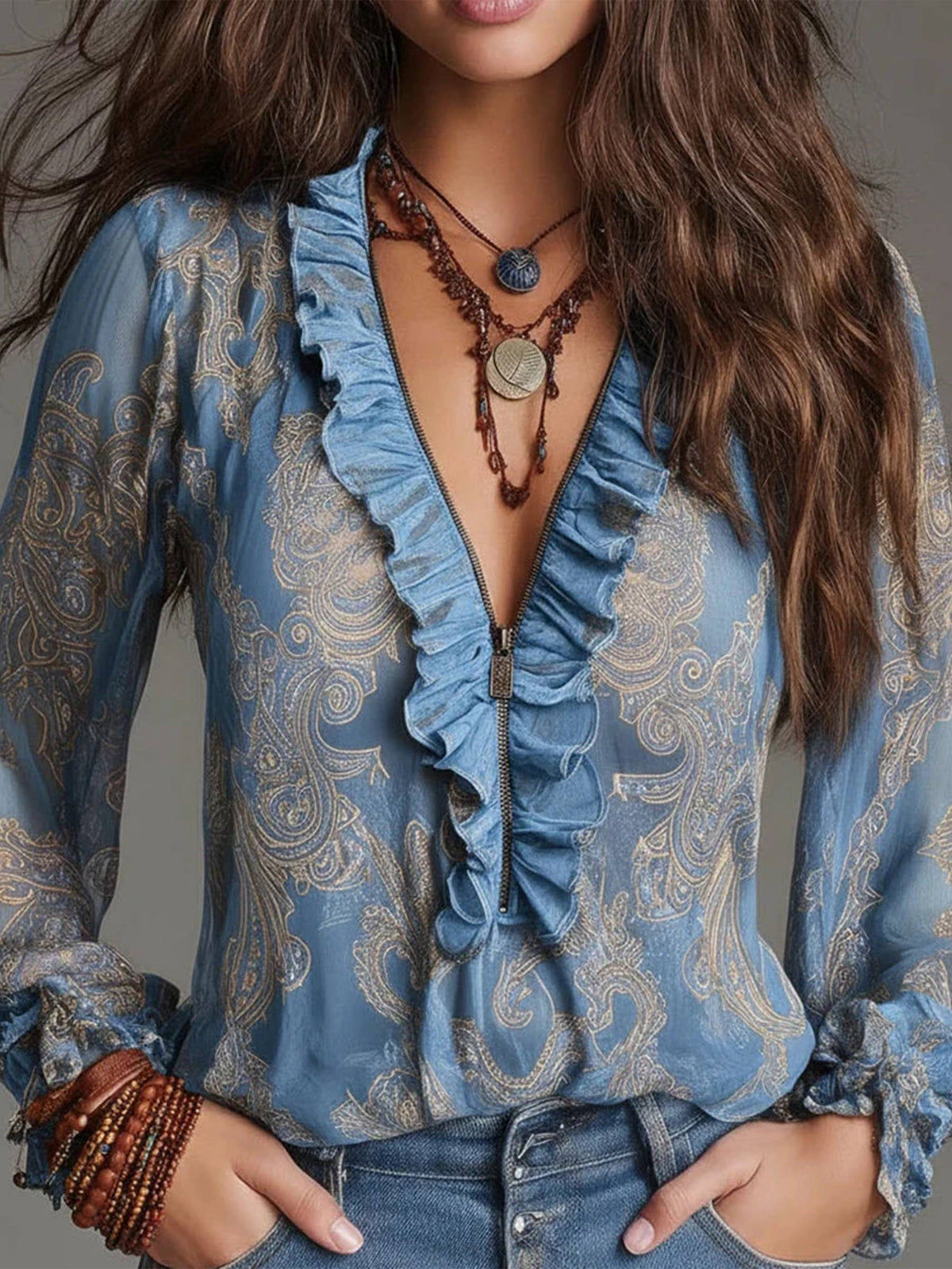 Deep V Neck Paisley Ruffled Chiffon Blouse Top: Red / L