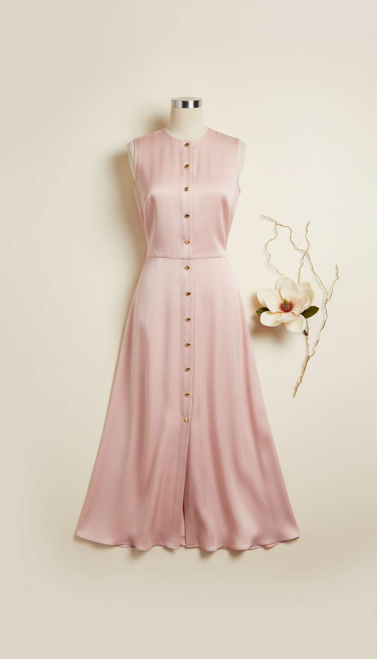 Blush Silk Midi Dress with Gold Buttons