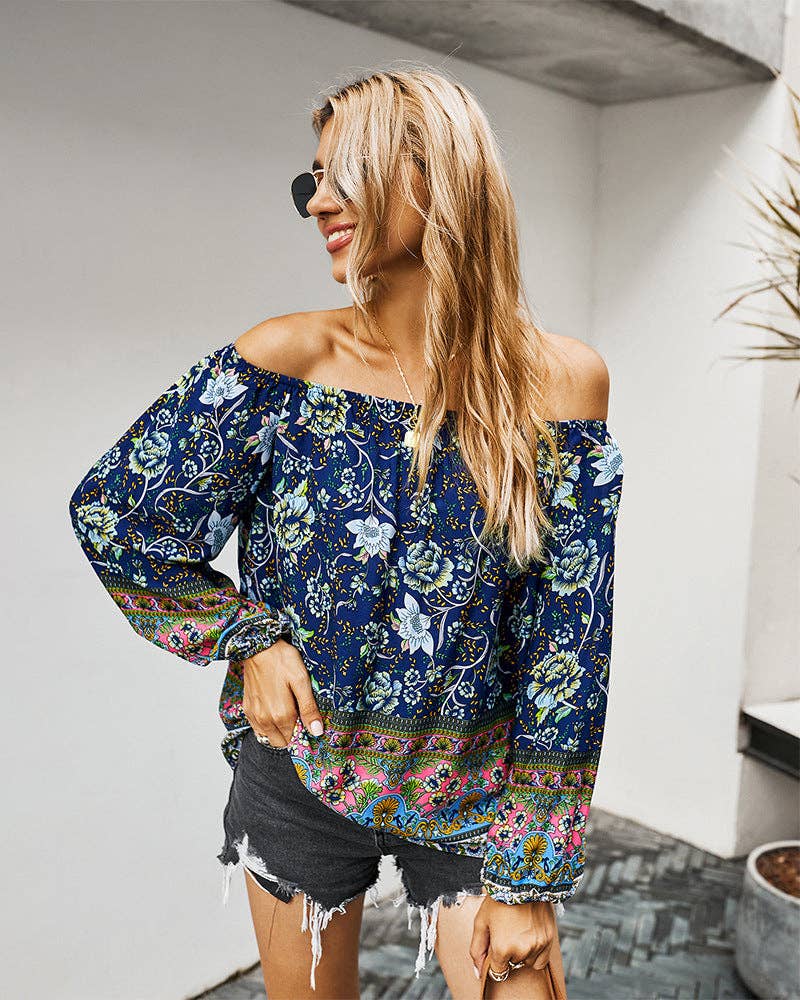 FLORAL LONG SLEEVE BLOUSE: Turquoise / S