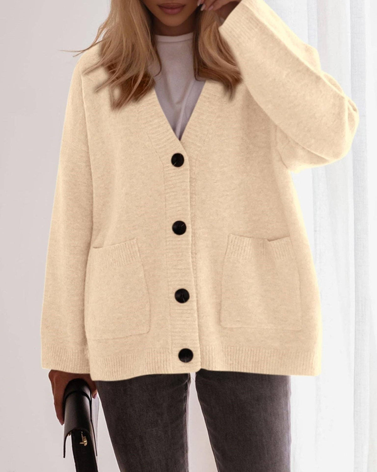 Oversized Button Front Pocket Knit Cardigan: Blue / 65%Polyester+30%Viscose+5%Elastane / S