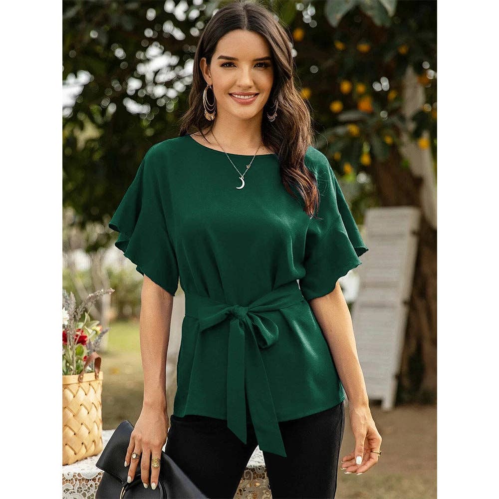 Women's Front Tie Crew Neck Blouse: Green / Large