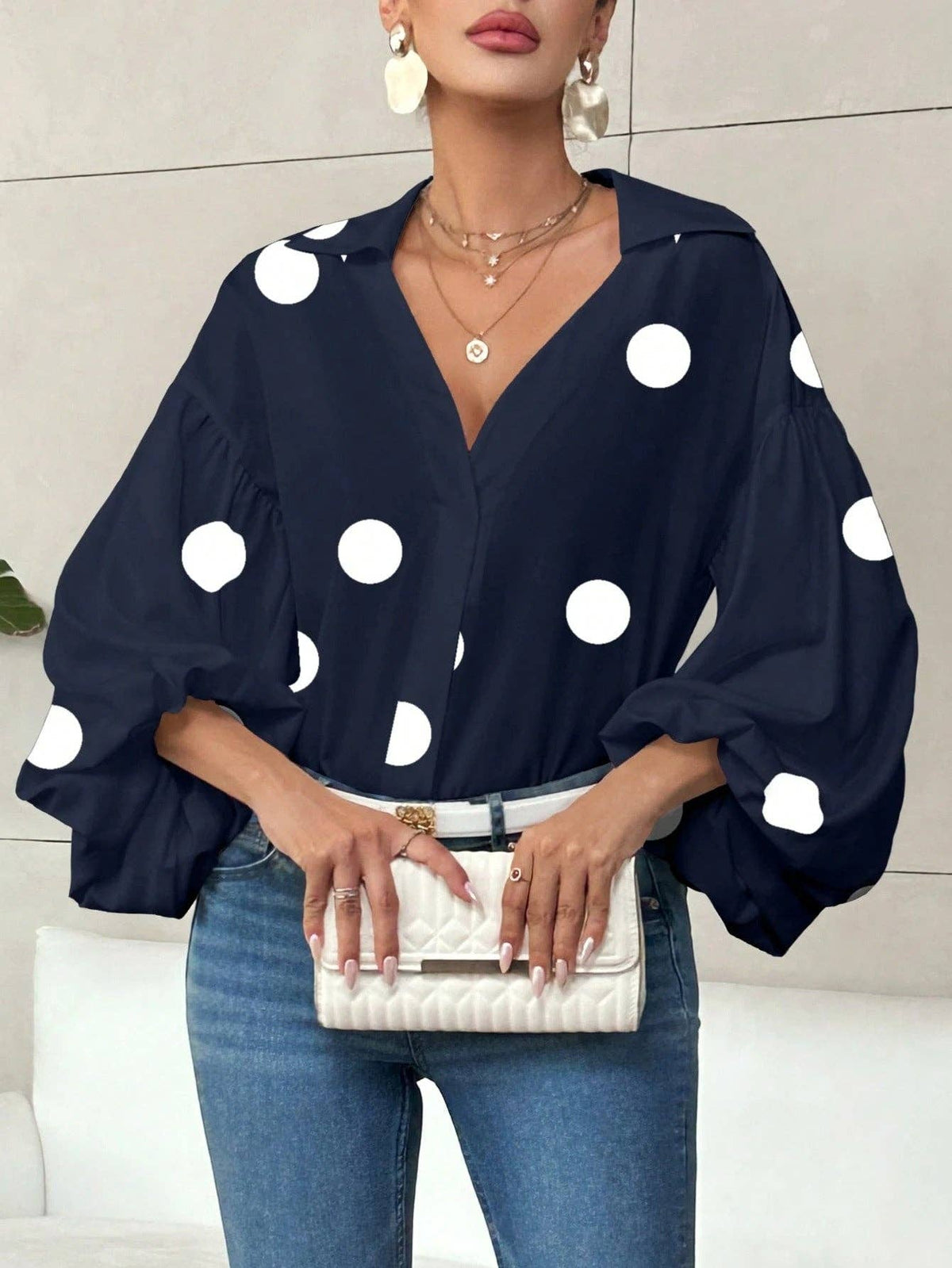 French Polka Dot Half-Open Collar Puff Sleeve Top: Black / 100% Polyester / S