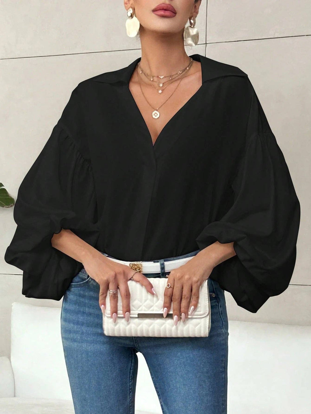 French Polka Dot Half-Open Collar Puff Sleeve Top: Black / 100% Polyester / S