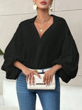 French Polka Dot Half-Open Collar Puff Sleeve Top: Black / 100% Polyester / S