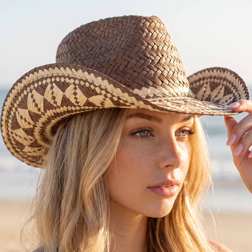 Aztec Patterned Brim Two Tone Straw Cowboy Hat: BR