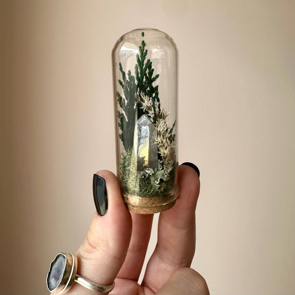 Moonlight Mini Crystal Fairy Terrarium Floral Glass Cloche: 1.75"