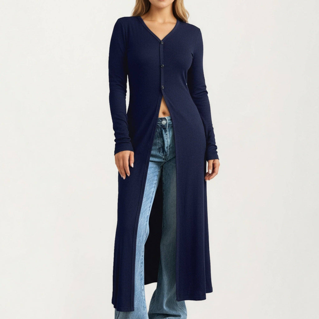 Long Sleeve Maxi Cardigan with Button Front and Deep Side Sl: Black / Small 4-6