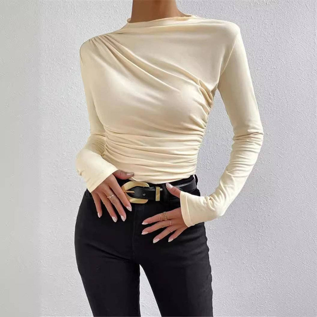 Ruched Mock Neck Fitted Long Sleeve Layering Top: White / 95%cotton+5%Spandex / S