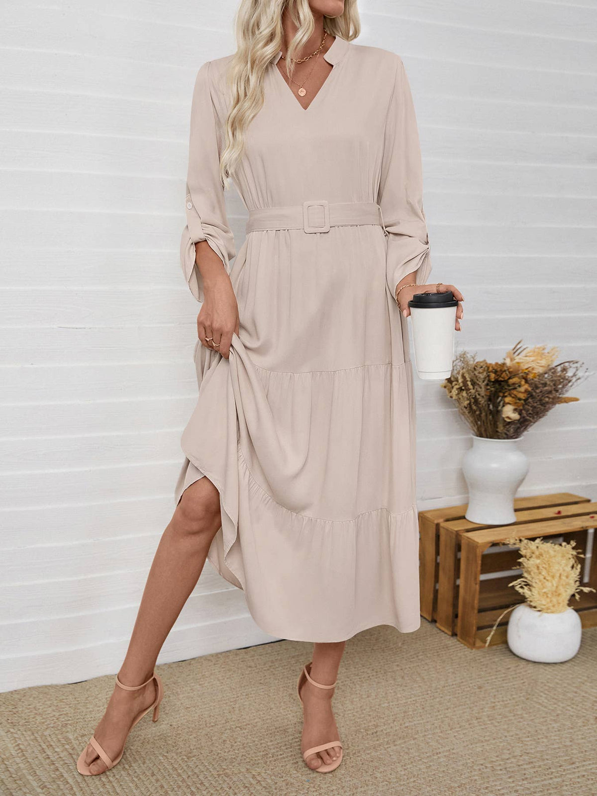 Casual,simple elegant stand-up collar long dress: APRICOT / (M) 1