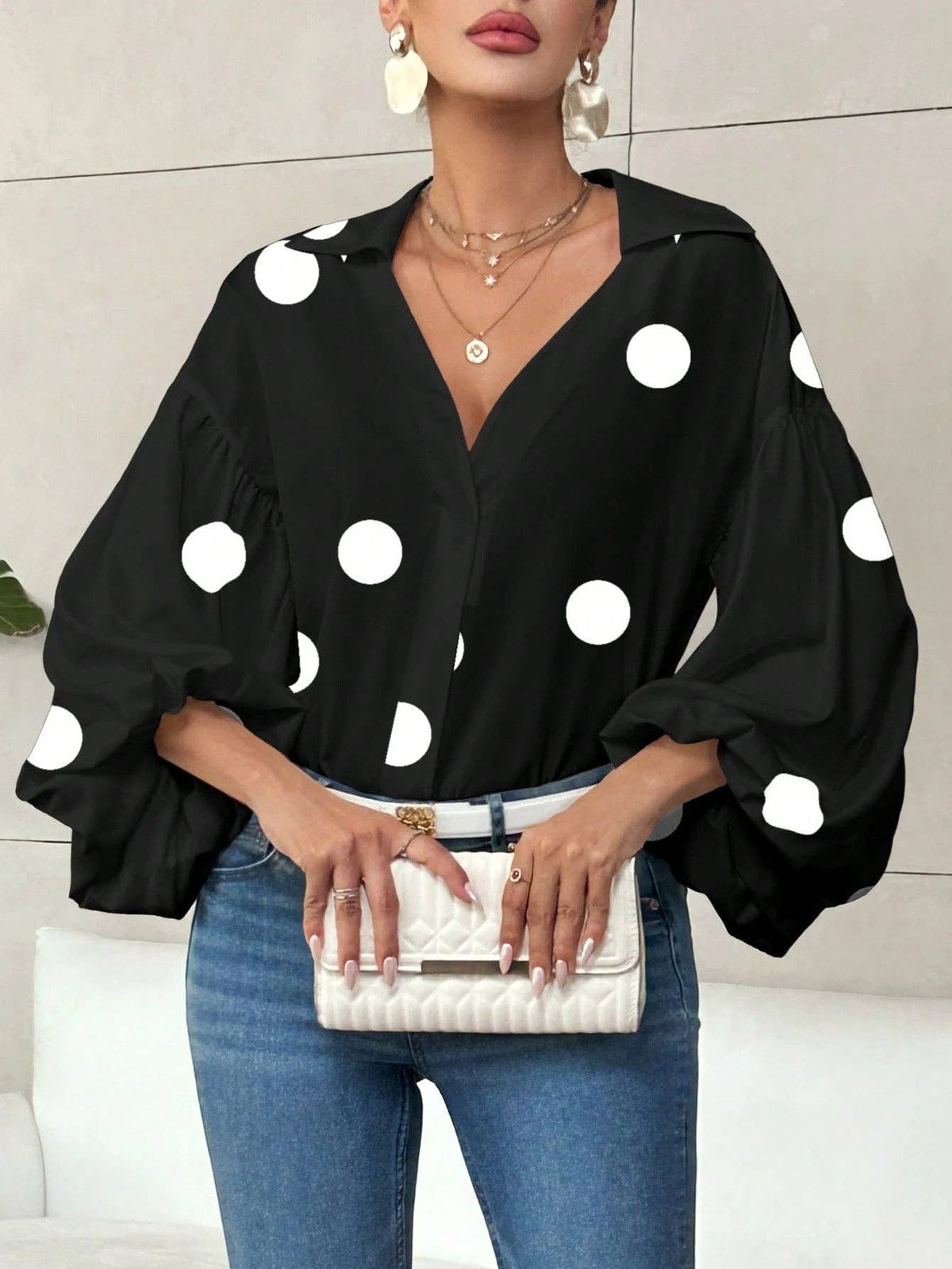 French Polka Dot Half-Open Collar Puff Sleeve Top: Black / 100% Polyester / S