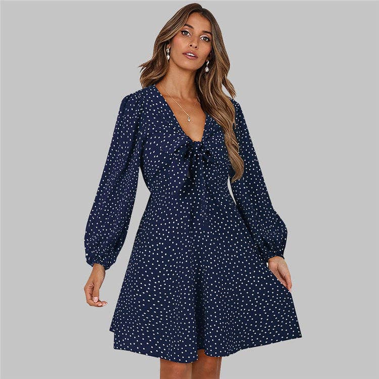 Tie Front Polka Dot Mini Dress: Black / Small