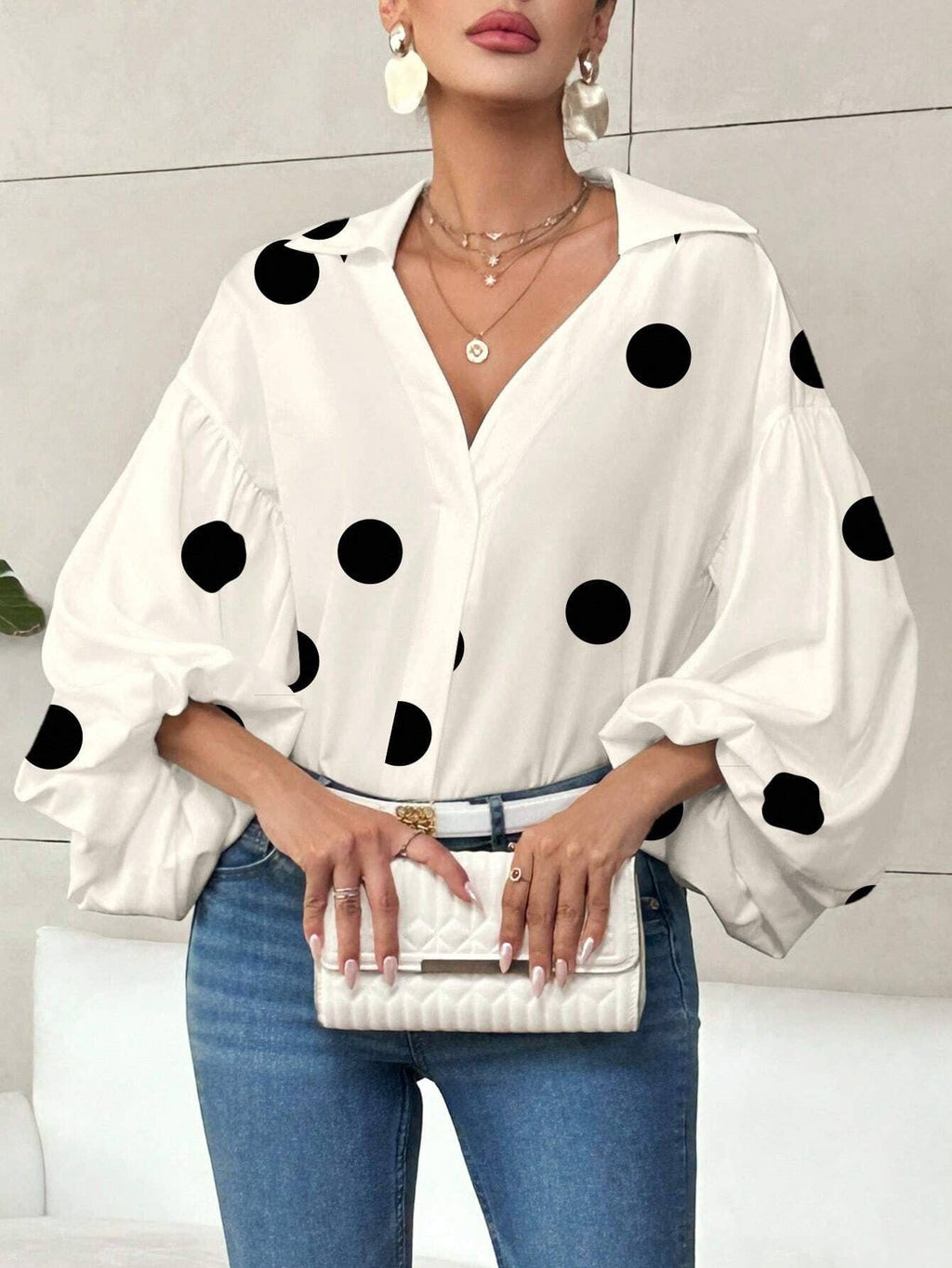 French Polka Dot Half-Open Collar Puff Sleeve Top: Black / 100% Polyester / S