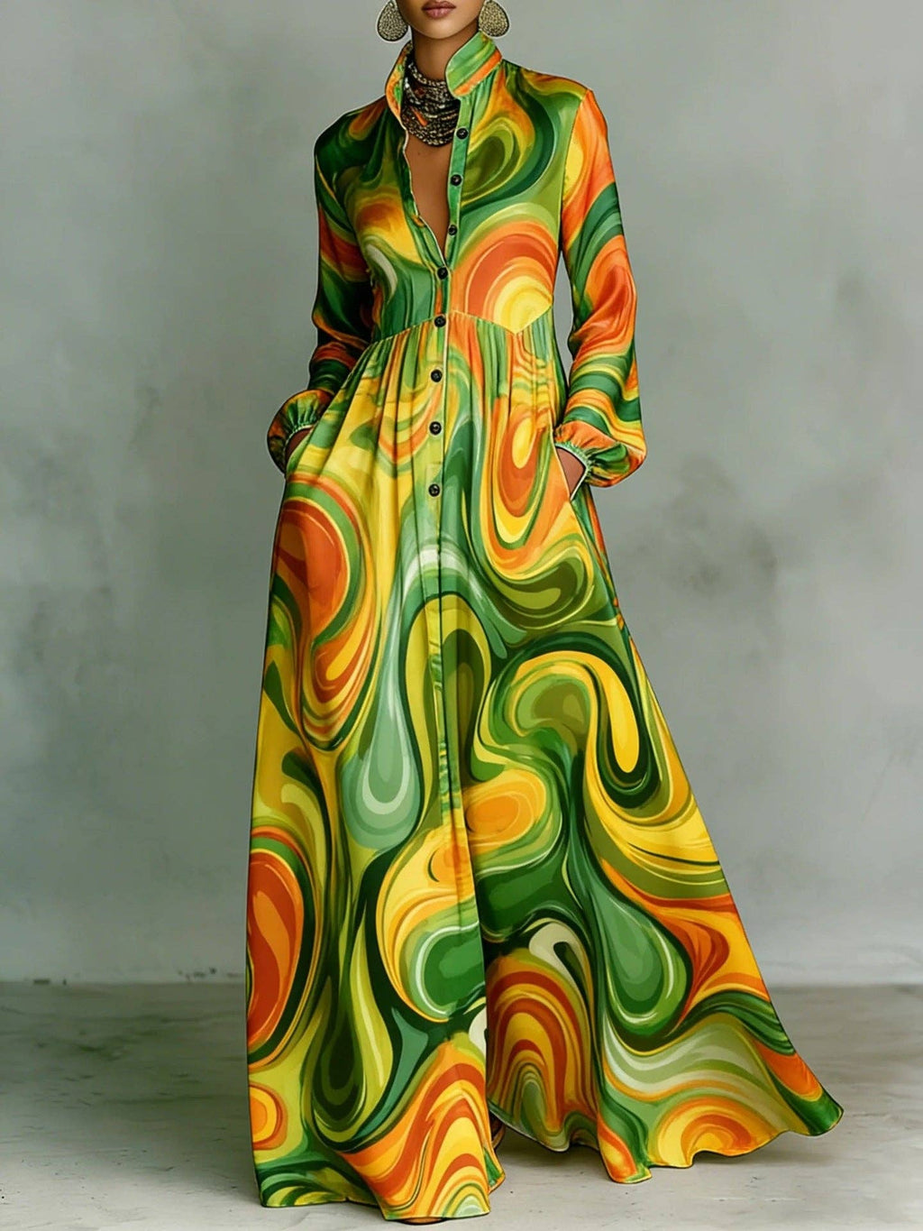 Vintage Floral Maxi Dress Long Sleeve Button Down Pockets: Brown / 100%Polyester / XL