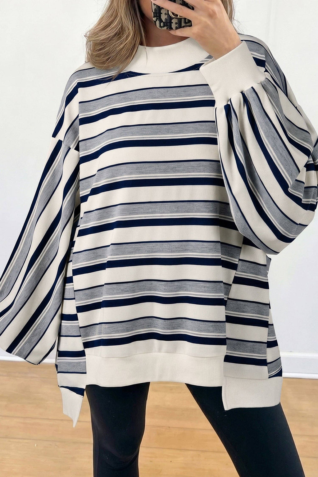 Blue Stripe Striped Ribbed Stand Neck Long Sleeve Shift Silhouette Sweatshirt: Blue Stripe / 95%Polyester+5%Elastane / S