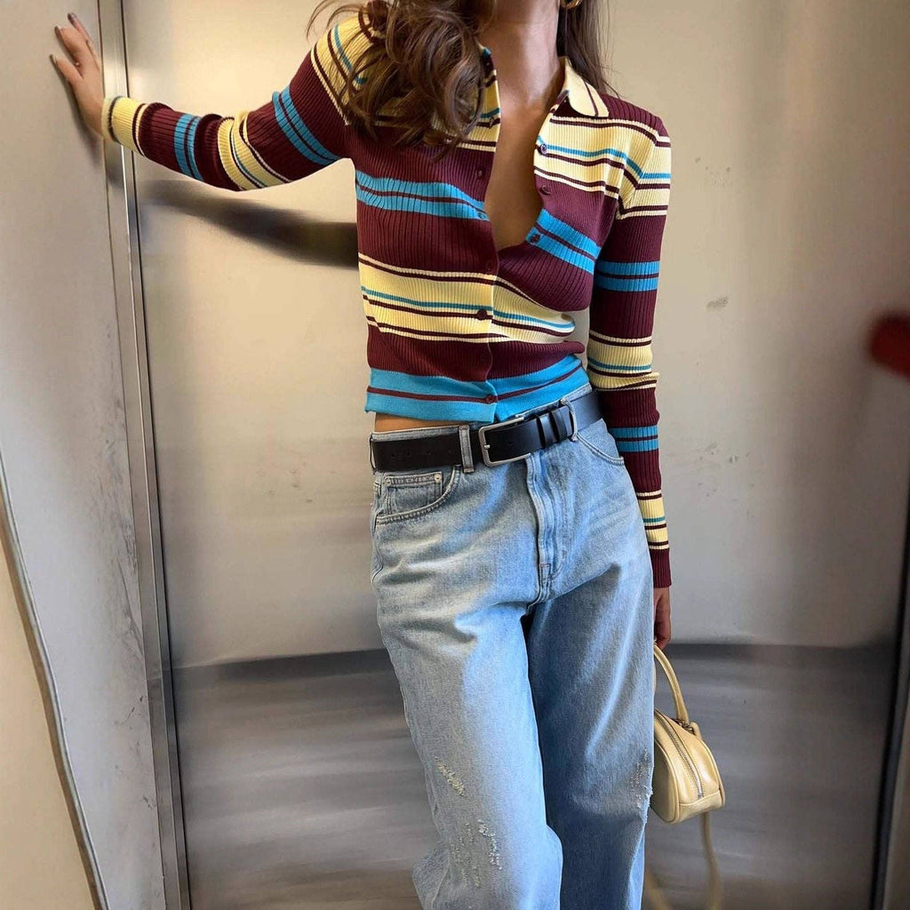 Long Sleeve Striped Cardigan Women's Retro Knit Sweater Slim Fit Autumn Casual Top: STRIPES / S