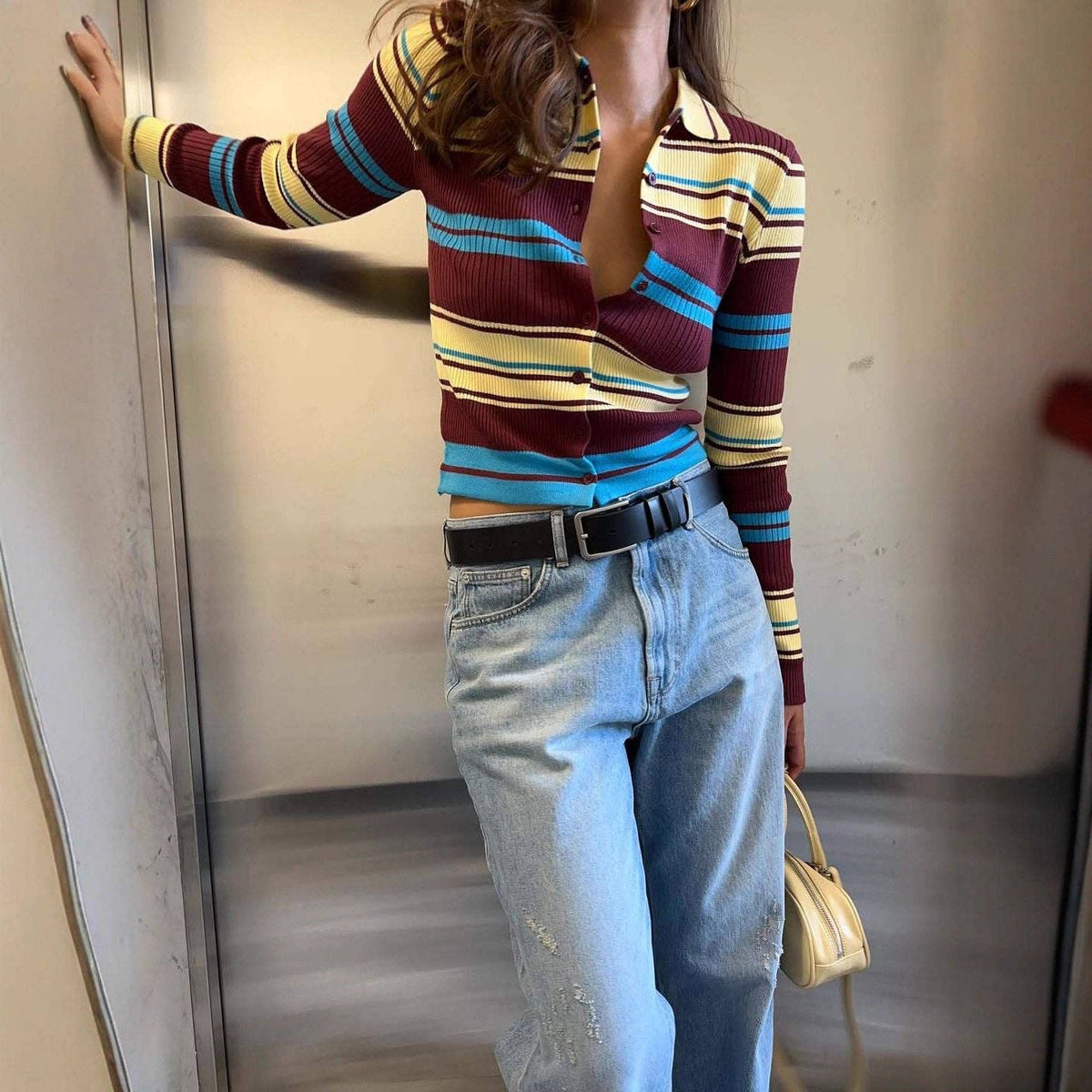 Long Sleeve Striped Cardigan Women's Retro Knit Sweater Slim Fit Autumn Casual Top: STRIPES / S