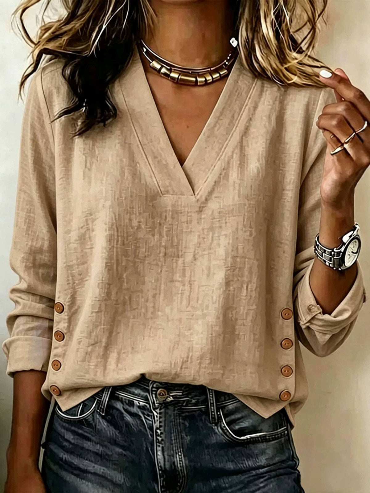 Women V Neck Cotton Linen Top Long Sleeve Side Button Top: Pink / L