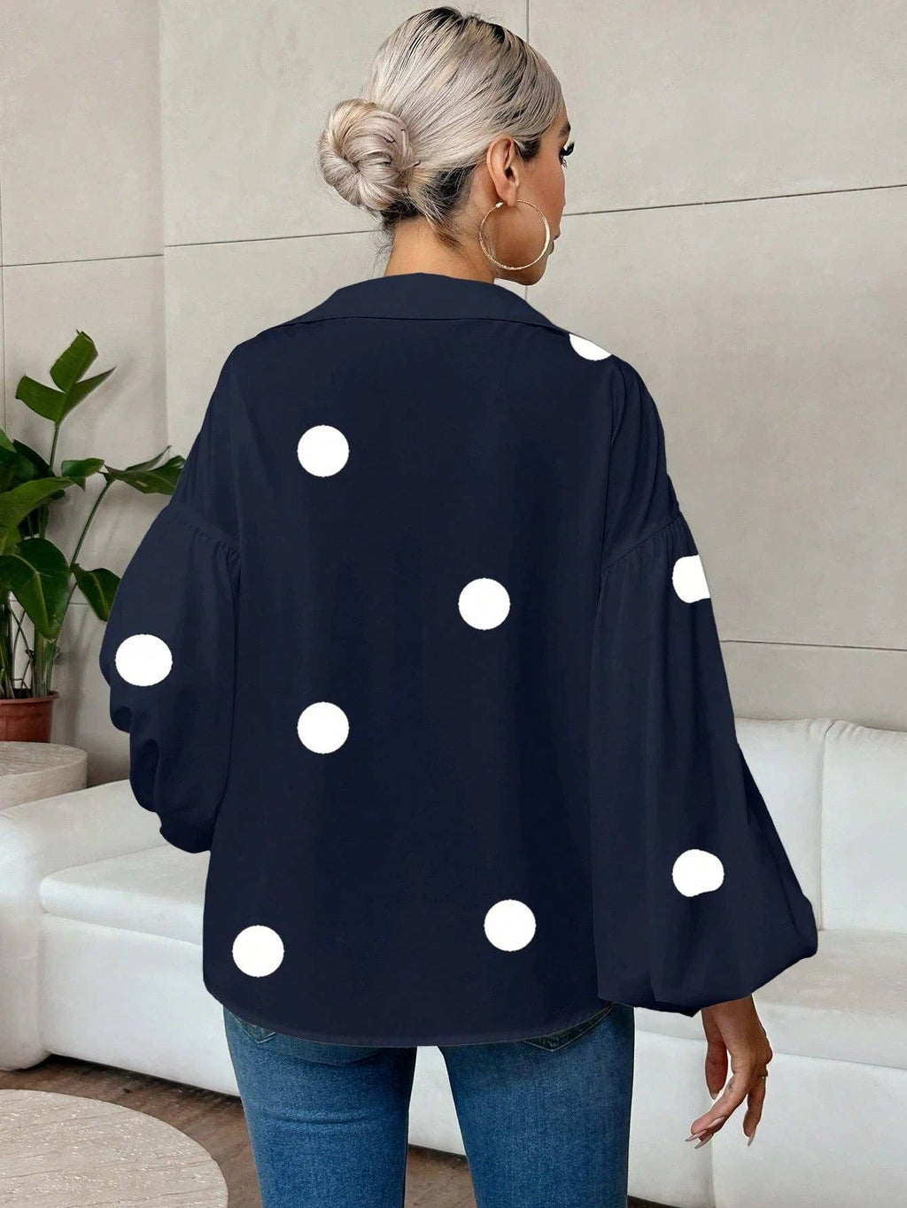 French Polka Dot Half-Open Collar Puff Sleeve Top: Black / 100% Polyester / S