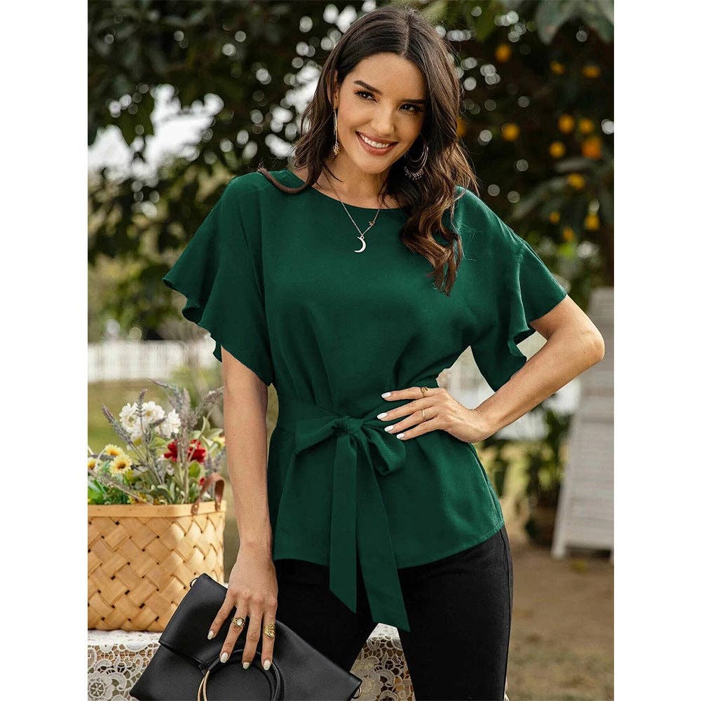 Women's Front Tie Crew Neck Blouse: Green / Large
