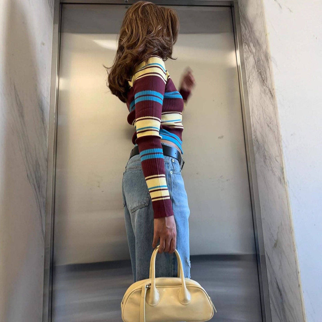 Long Sleeve Striped Cardigan Women's Retro Knit Sweater Slim Fit Autumn Casual Top: STRIPES / S