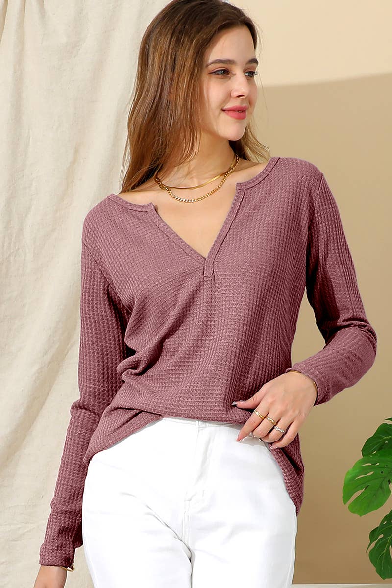CWTTL1482_Casual V-Neck Loose Fit Long Sleeve Tops: MAUVE / (M) 1