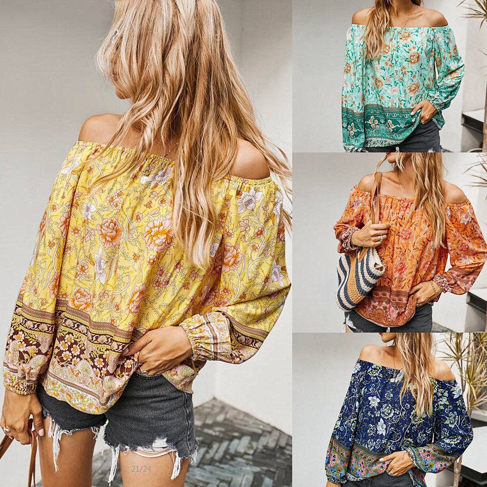 FLORAL LONG SLEEVE BLOUSE: Navy / XL