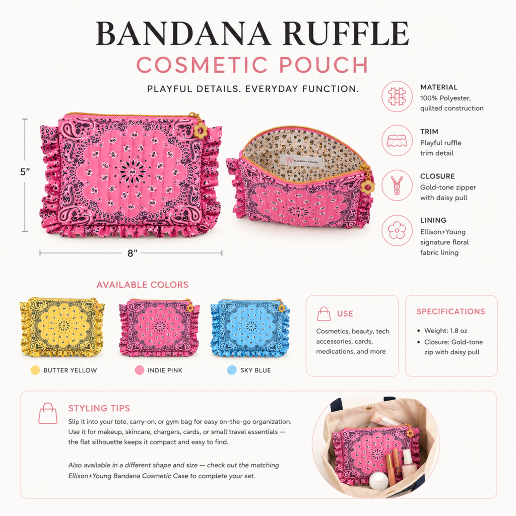 Ellison+Young Bandana Ruffle Everything Pouch, Quilted Cosmetic Case: Indie Pink
